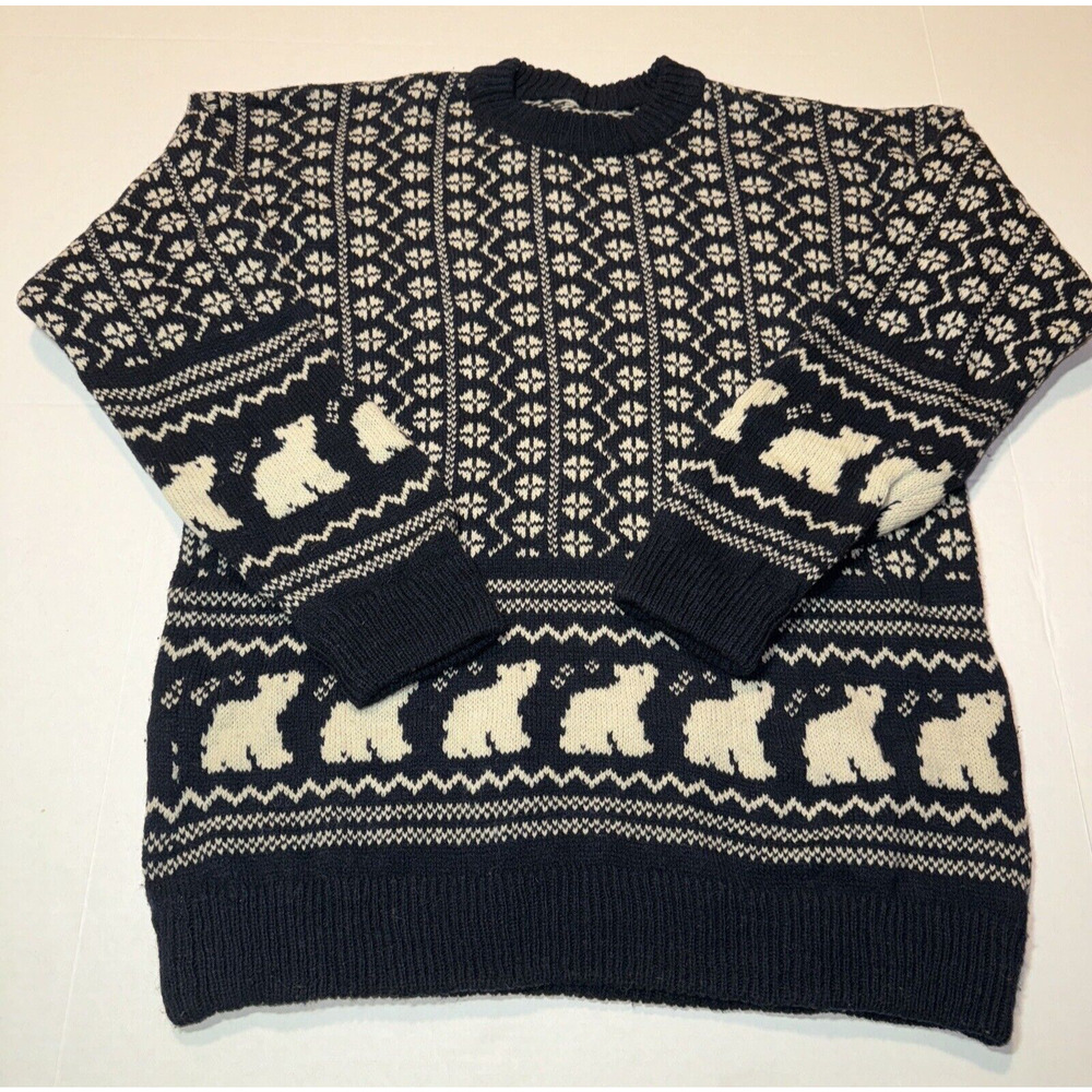 Vintage Hand Knit Wool Ski Sweater Polar Bear Motif - Mens Size Large/XL